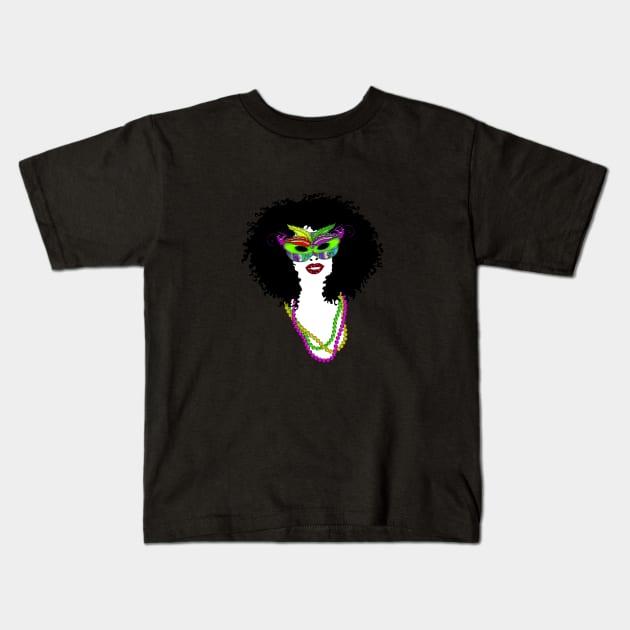 Mardi Gras Mask and Beads | Afro Hair Woman | Cherie's Art(c)2022 Kids T-Shirt by CheriesArt